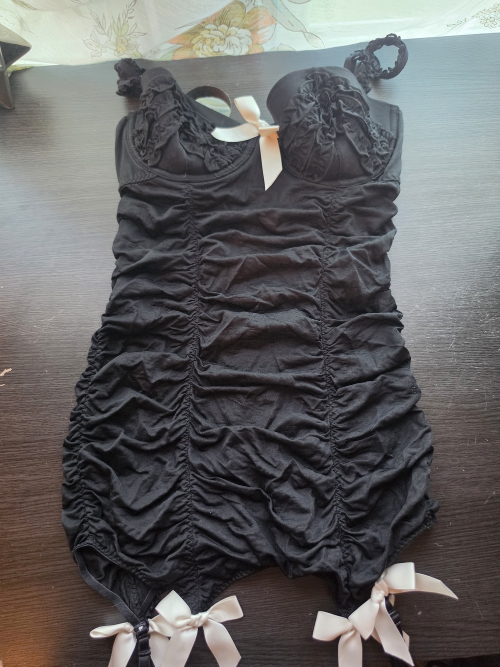 Victoria's Secret Black Lace Ruched Teddy with Pink Bows